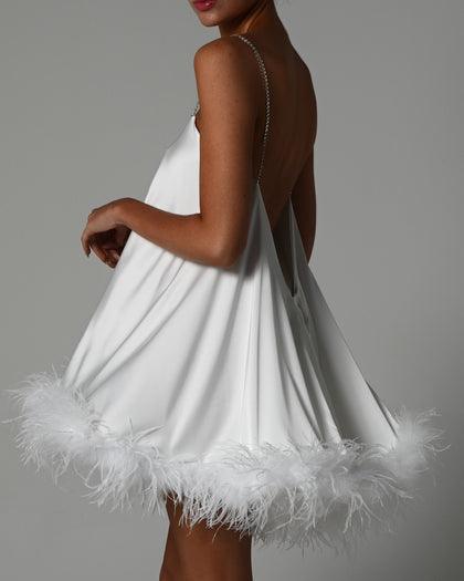 Deep V Neck Crystal Strap Feather Hem Babydoll Mini Dress 3