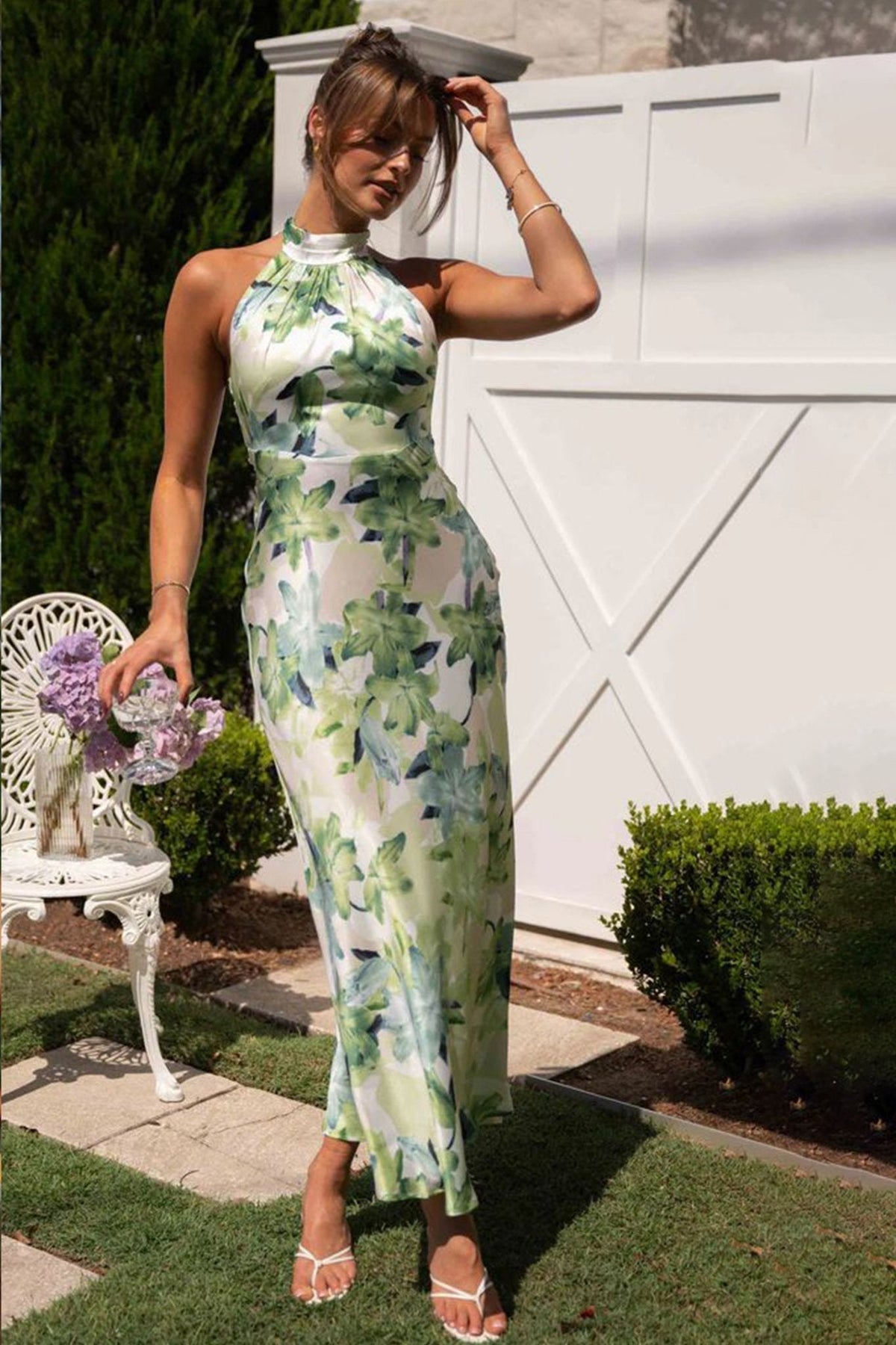 Botanical Print Halter Tie-Back Backless Satin Column Maxi Dress 7