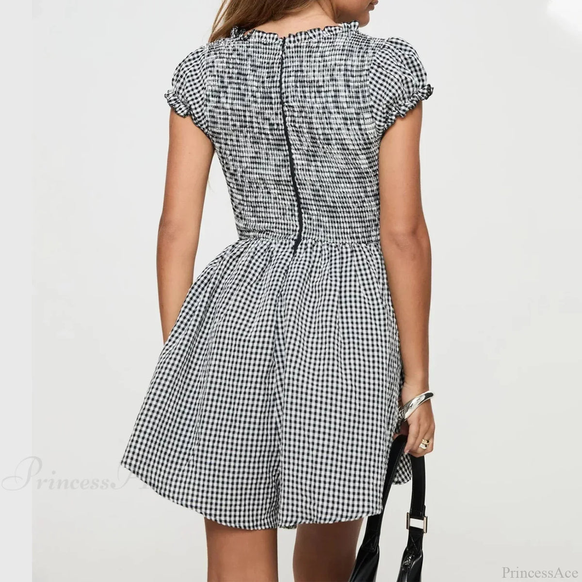 Gingham Smocked Tie Front Puff Sleeve Babydoll Mini Dress 6