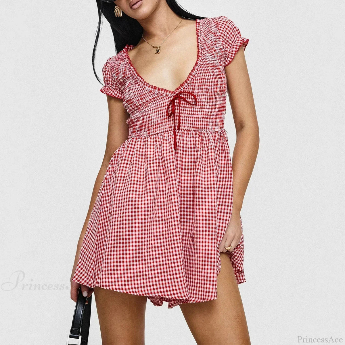 Gingham Smocked Tie Front Puff Sleeve Babydoll Mini Dress