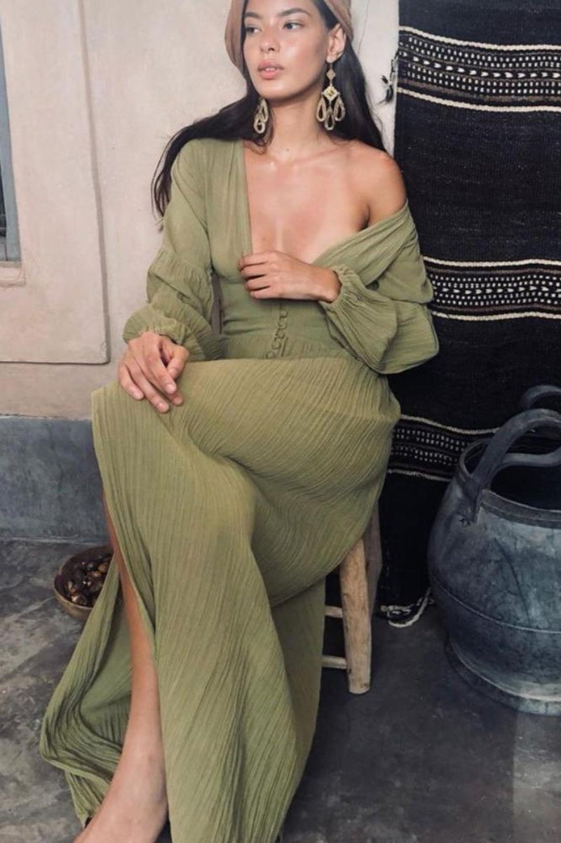 Deep V Neck Button Front Bishop Sleeve High Slit Maxi Dress 2