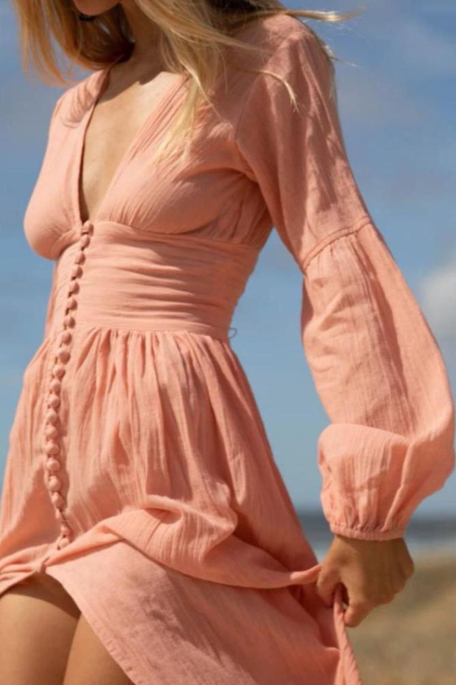Deep V Neck Button Front Bishop Sleeve High Slit Maxi Dress 5