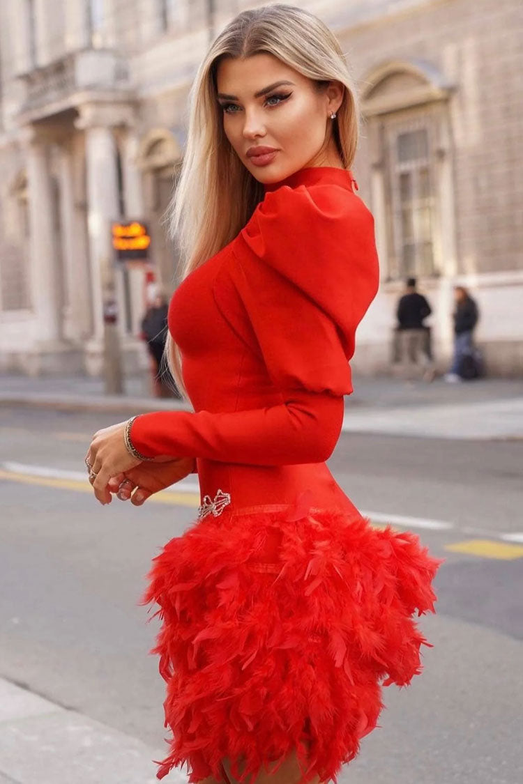 Mock Neck Puff Sleeve Rhinestone Scalloped Waist Feather Trim Mini Dress 3