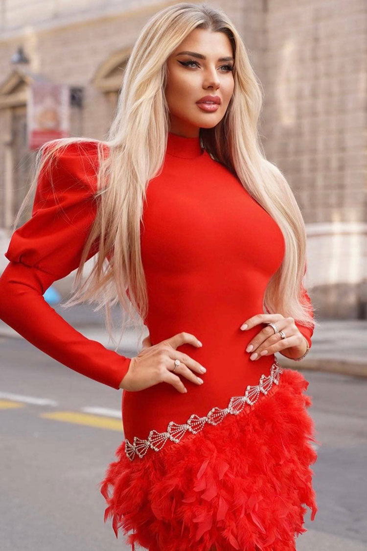 Mock Neck Puff Sleeve Rhinestone Scalloped Waist Feather Trim Mini Dress 2