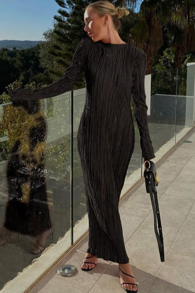 High Neck Long Sleeve Shirred Pleated Column Maxi Dress 2