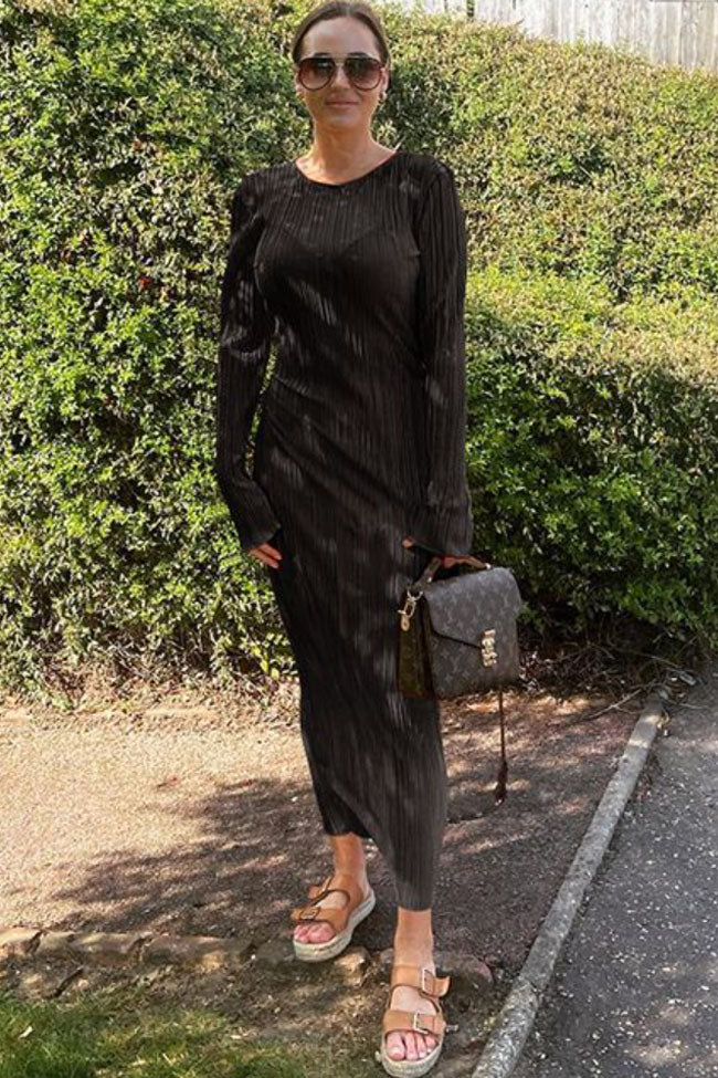 High Neck Long Sleeve Shirred Pleated Column Maxi Dress 3