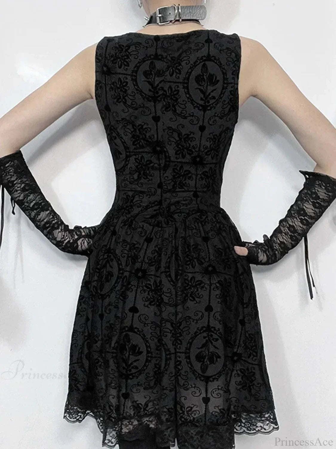 Gothic Damask Flocked Velvet Square Neck Scalloped Lace Hem Mini Dress 3