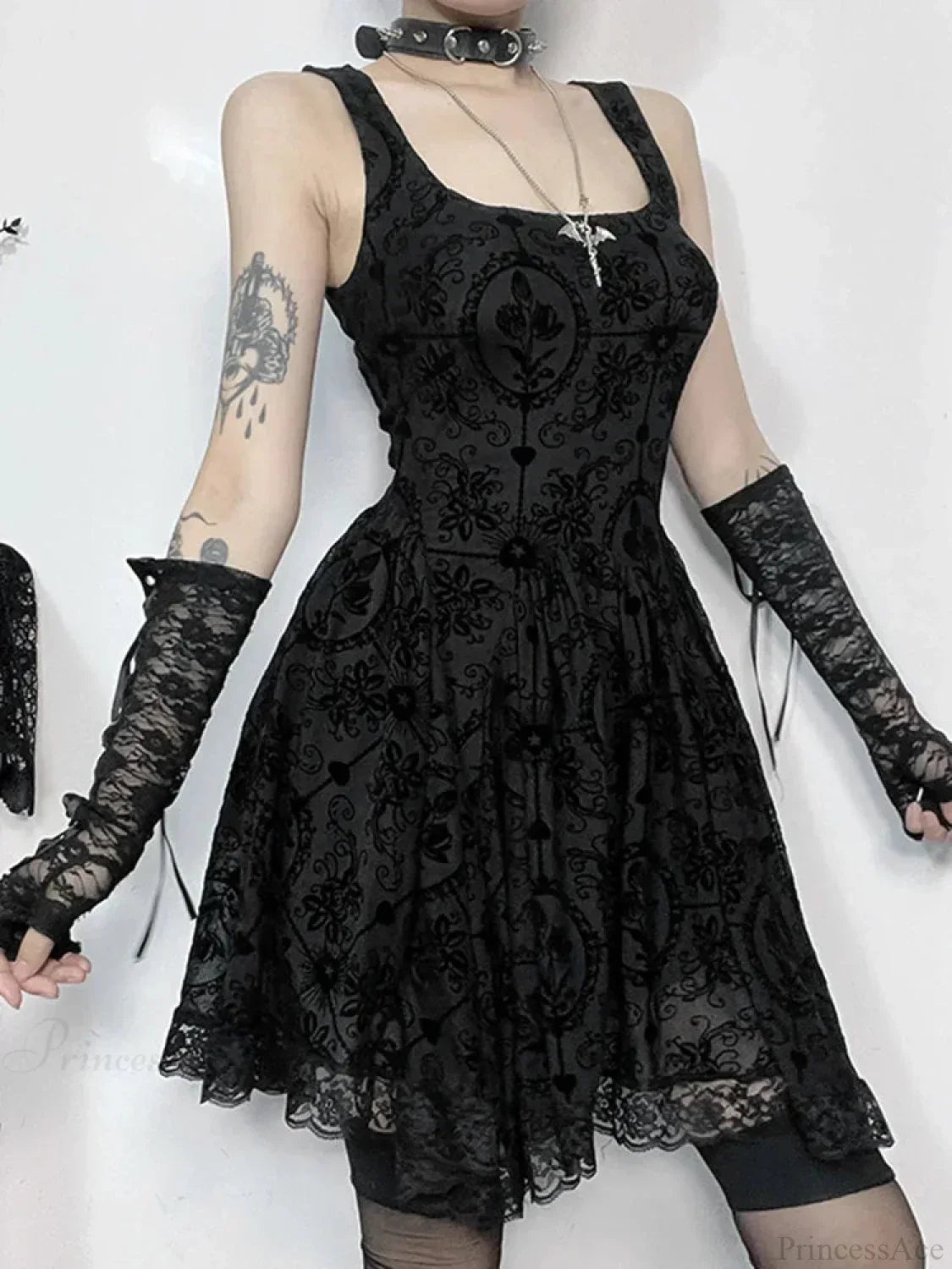 Gothic Damask Flocked Velvet Square Neck Scalloped Lace Hem Mini Dress 4