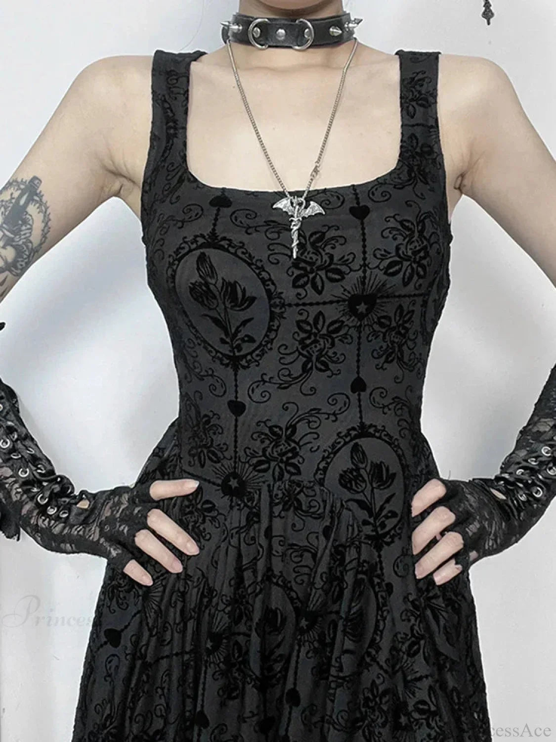 Gothic Damask Flocked Velvet Square Neck Scalloped Lace Hem Mini Dress 2
