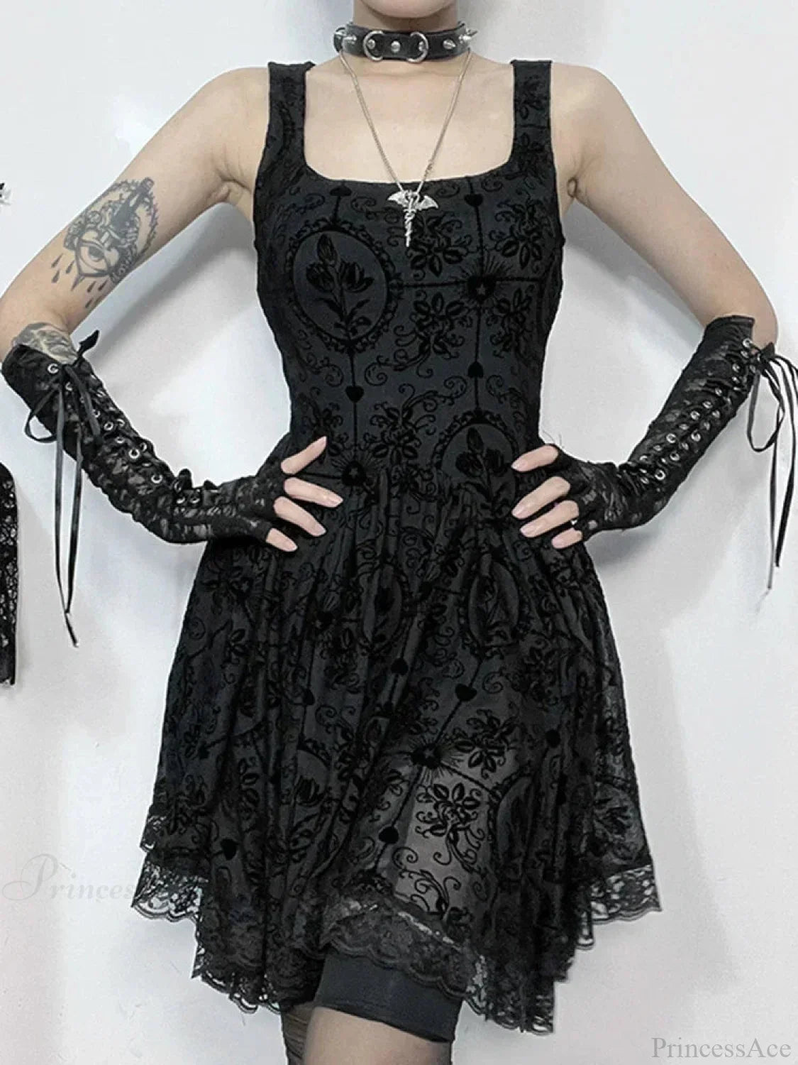 Gothic Damask Flocked Velvet Square Neck Scalloped Lace Hem Mini Dress 5