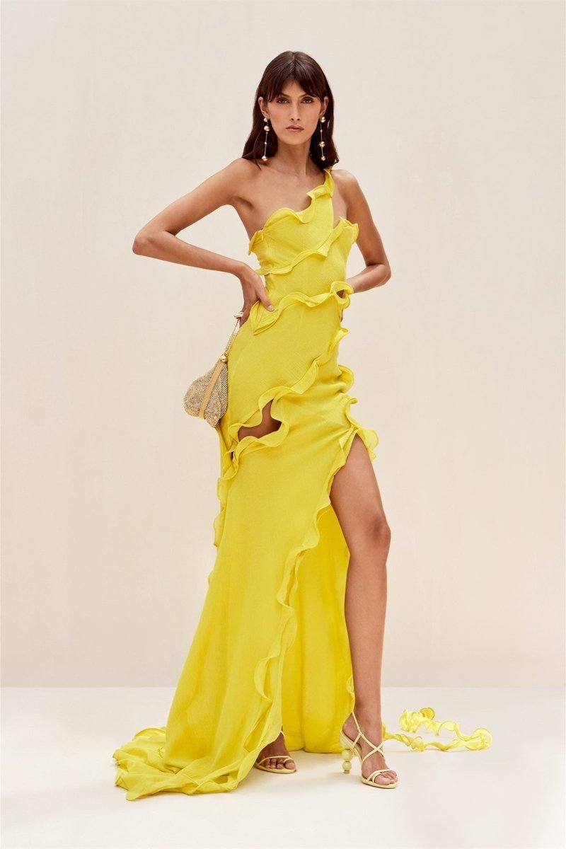 One Shoulder Ruffle Neckline Waist Cutout Cascading Slit Maxi Gown 2