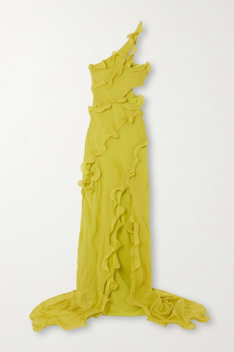 One Shoulder Ruffle Neckline Waist Cutout Cascading Slit Maxi Gown 8