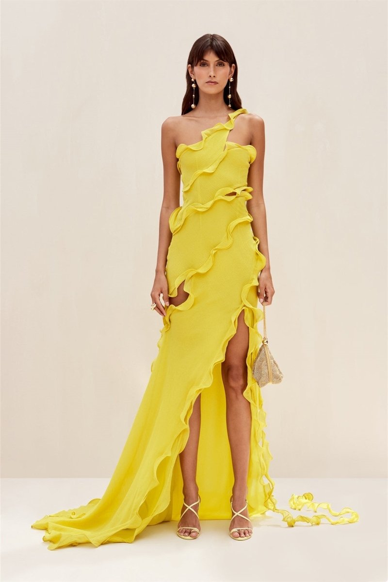 One Shoulder Ruffle Neckline Waist Cutout Cascading Slit Maxi Gown