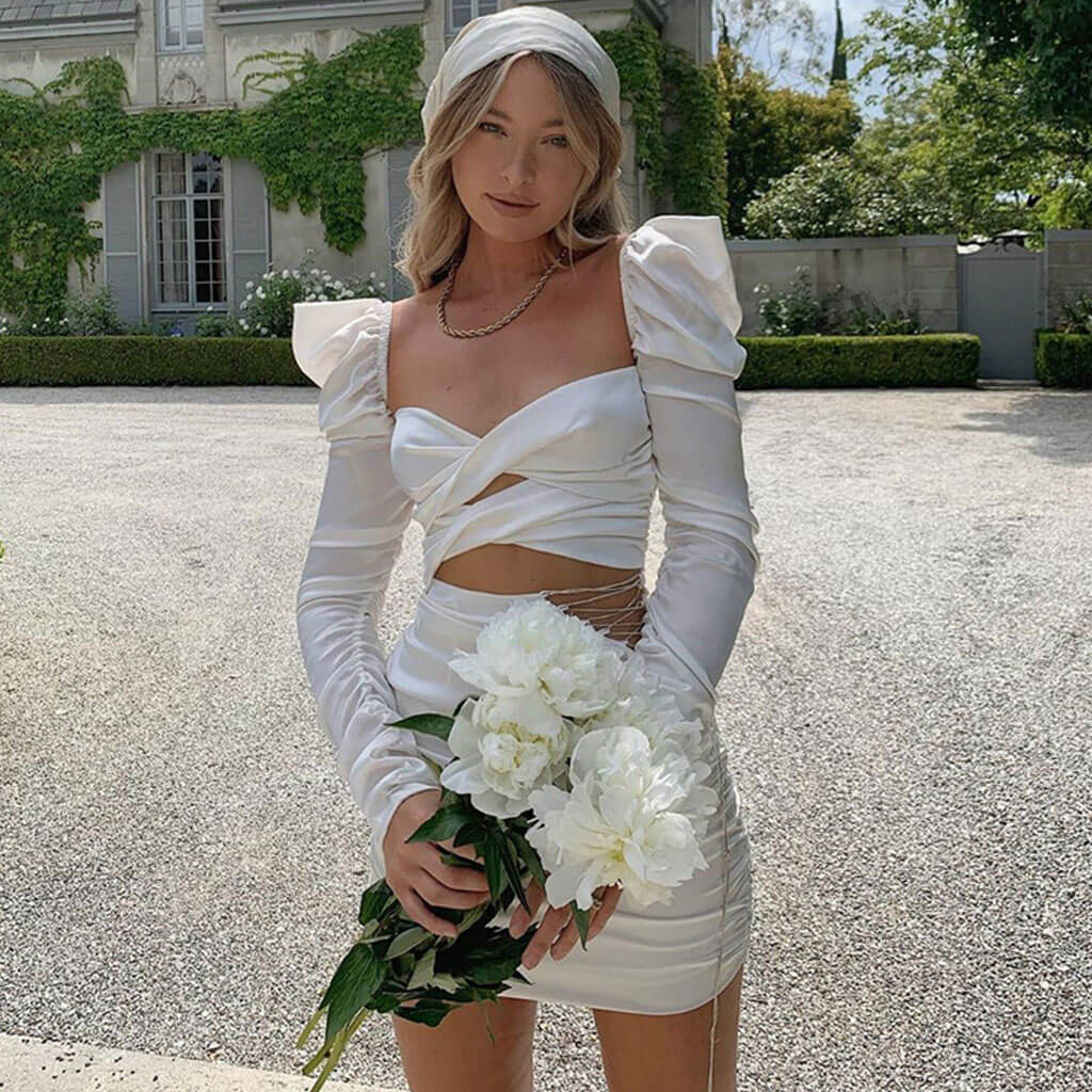Satin Puff Sleeve Wrap Crop Top Lace Up Ruched Mini Skirt Set