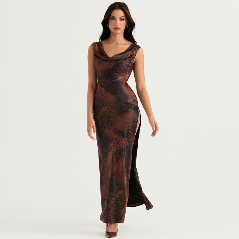 Abstract Print Cowl Neck Sleeveless High Slit Satin Maxi Dress 2