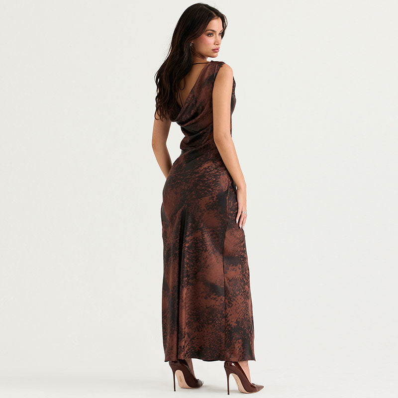 Abstract Print Cowl Neck Sleeveless High Slit Satin Maxi Dress 3