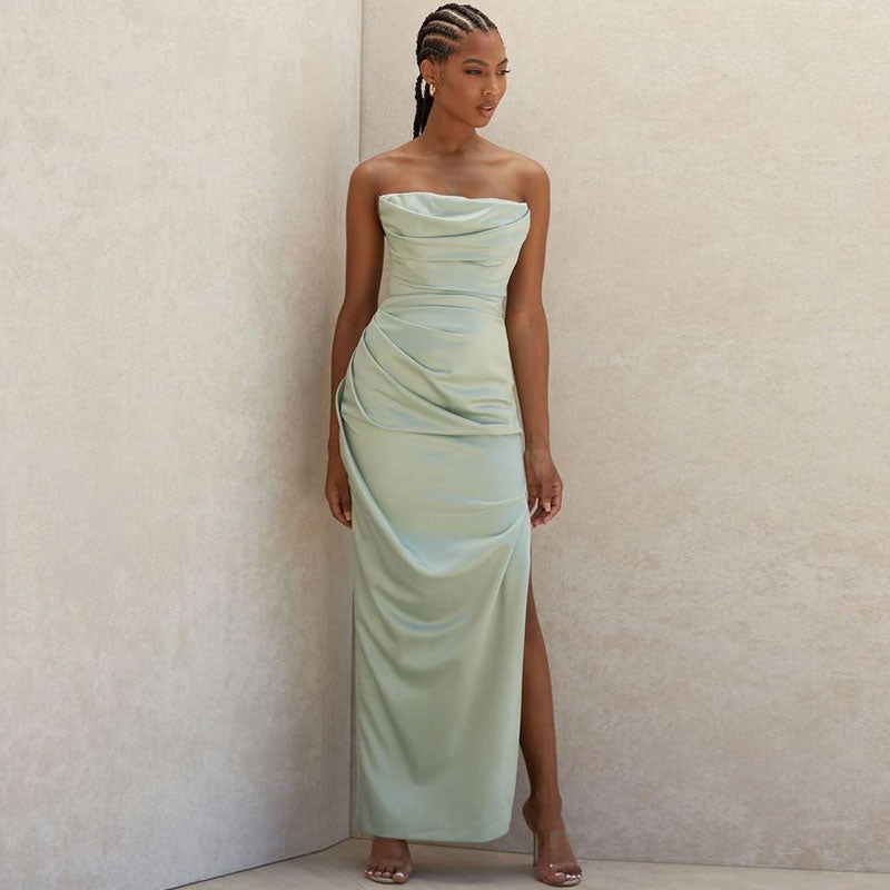 Cowl Neck Strapless Draped Ruched High Slit Maxi Gown 2