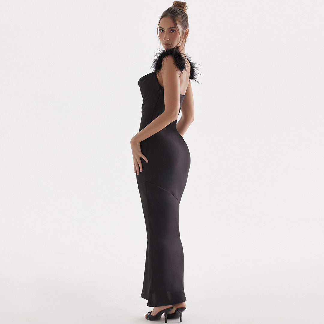 Feather Trim Shoulder Cowl Neck Spaghetti Strap Maxi Gown 3
