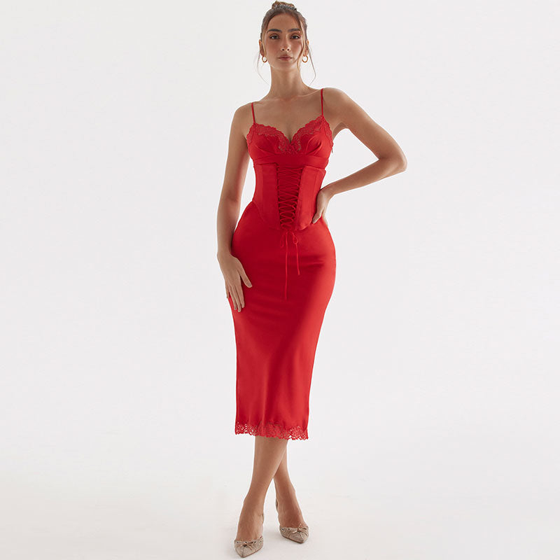 Lace Trim Sweetheart Corset Lace-Up Fishtail Bodycon Midi Dress
