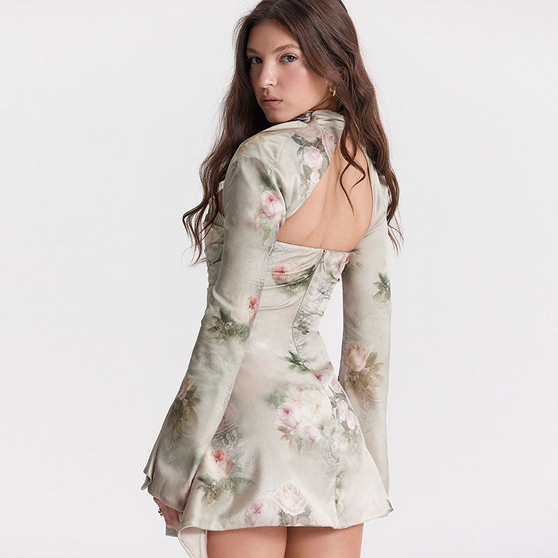 Mock Neck Chest Cutout Ruched Floral Print Bell Sleeve Satin Mini Dress 3
