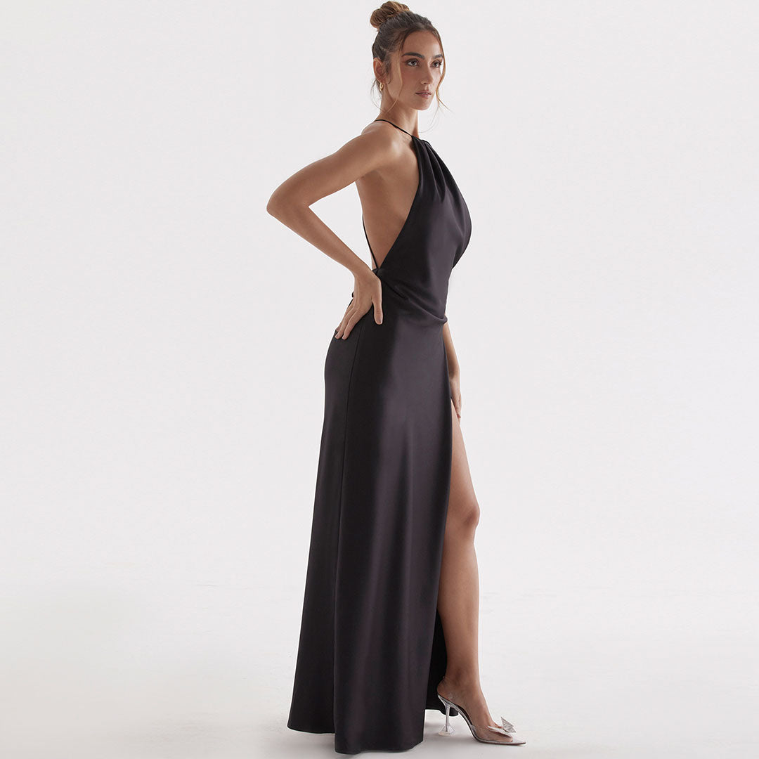 Satin Halter Neck Pleated High Split Backless Floor Length Maxi Dress 2