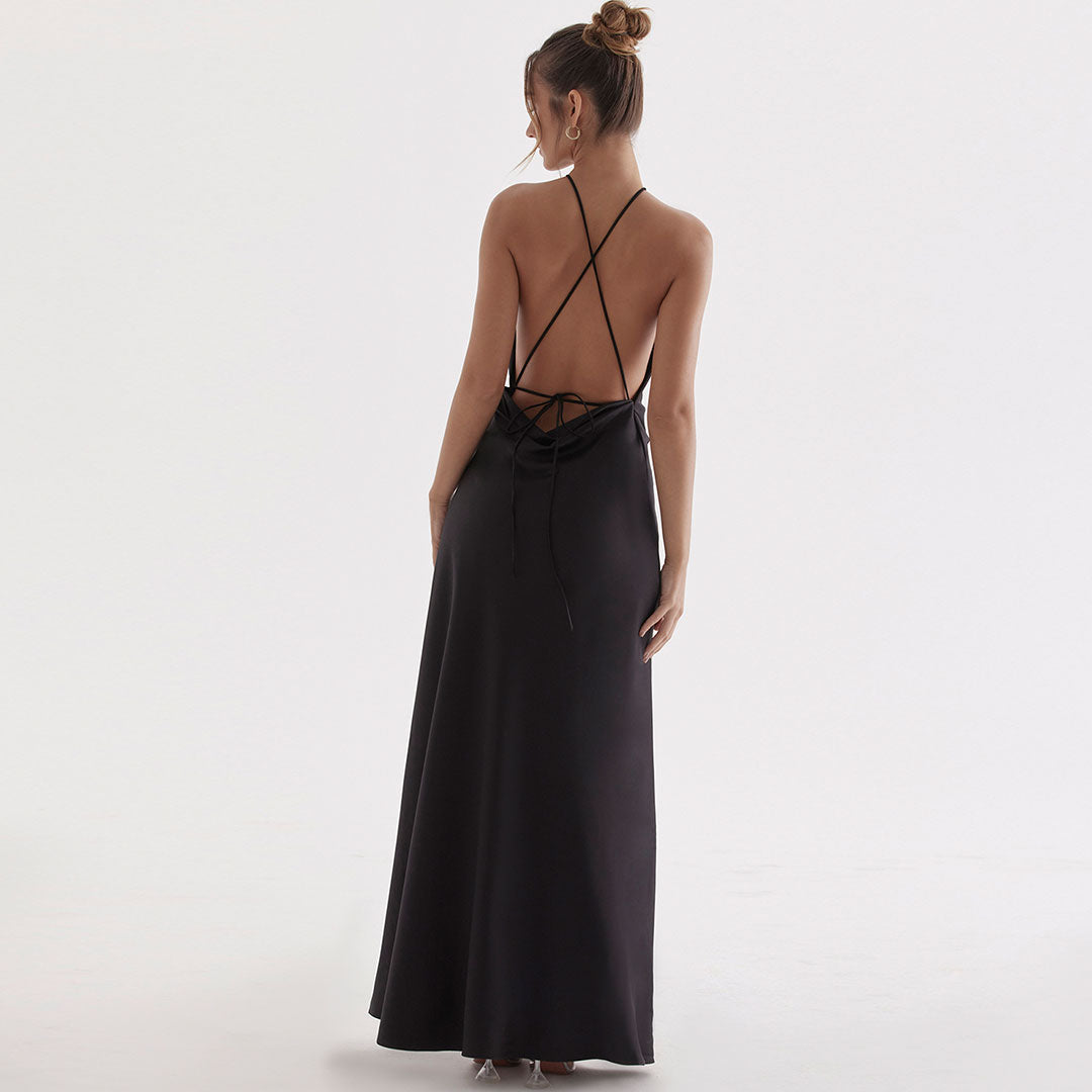 Satin Halter Neck Pleated High Split Backless Floor Length Maxi Dress 3
