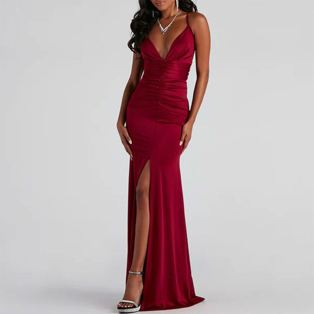 Deep V Spaghetti Strap Ruched Side Slit Satin Maxi Dress