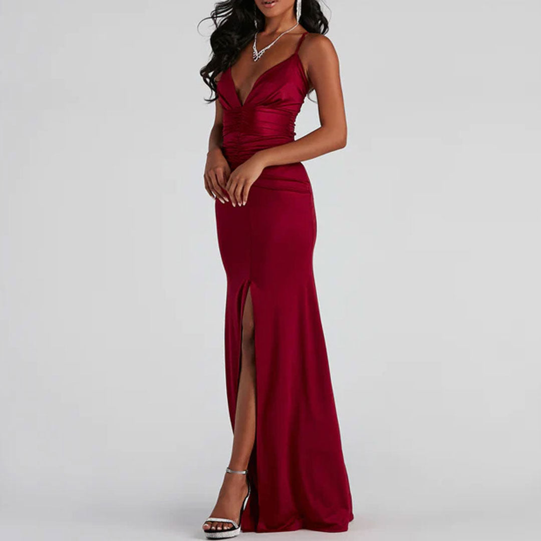 Deep V Spaghetti Strap Ruched Side Slit Satin Maxi Dress 2