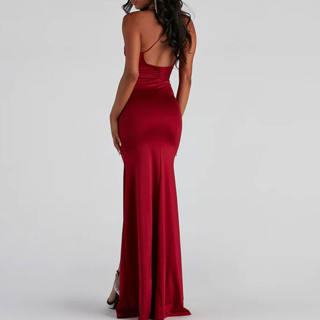 Deep V Spaghetti Strap Ruched Side Slit Satin Maxi Dress 3