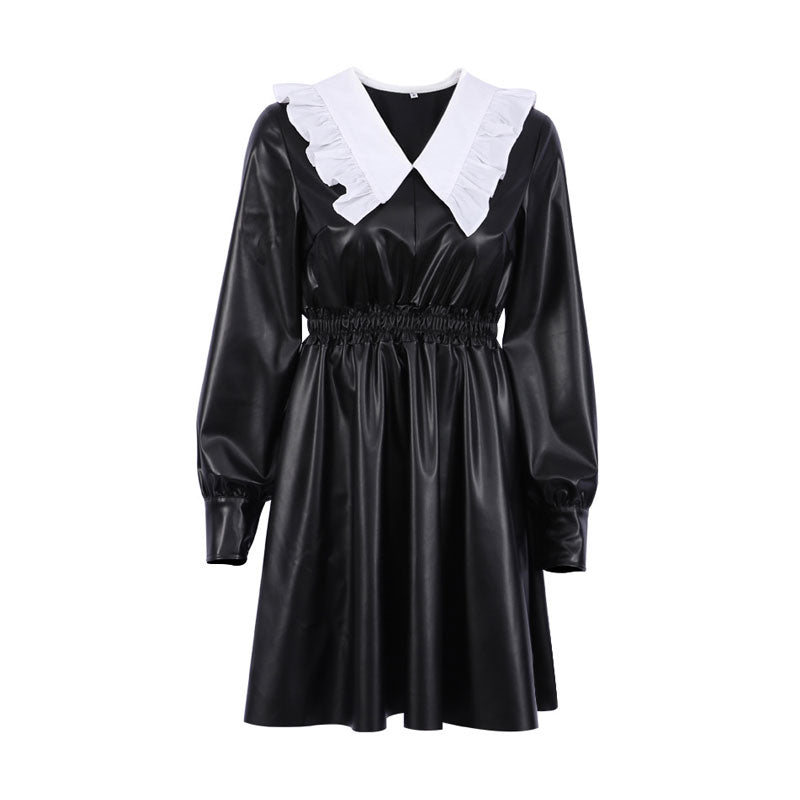 Faux Leather Peter Pan Collar Bishop Sleeve Smocked Waist Skater Mini Dress 3