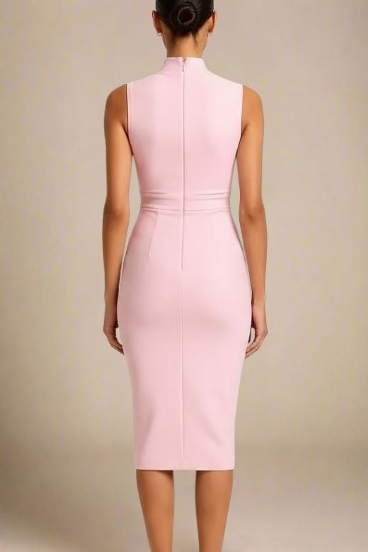 Dusty Pink Mock Neck Sleeveless Waist Seam Bodycon Midi Dress 2