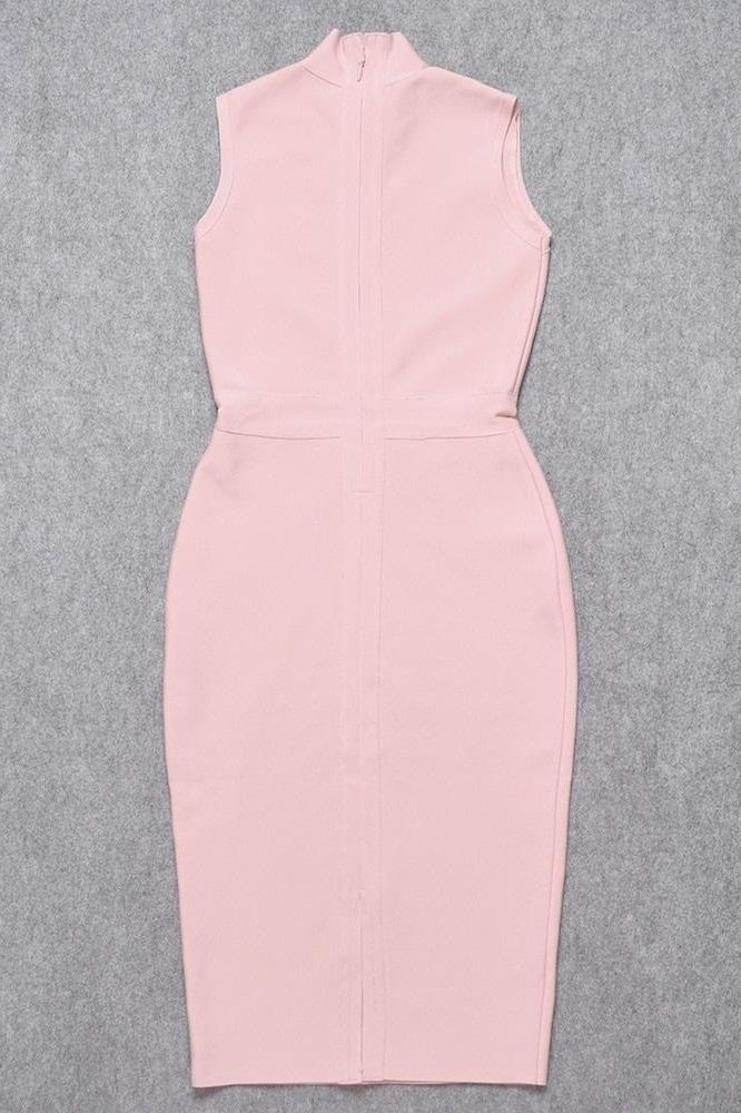 Dusty Pink Mock Neck Sleeveless Waist Seam Bodycon Midi Dress 14
