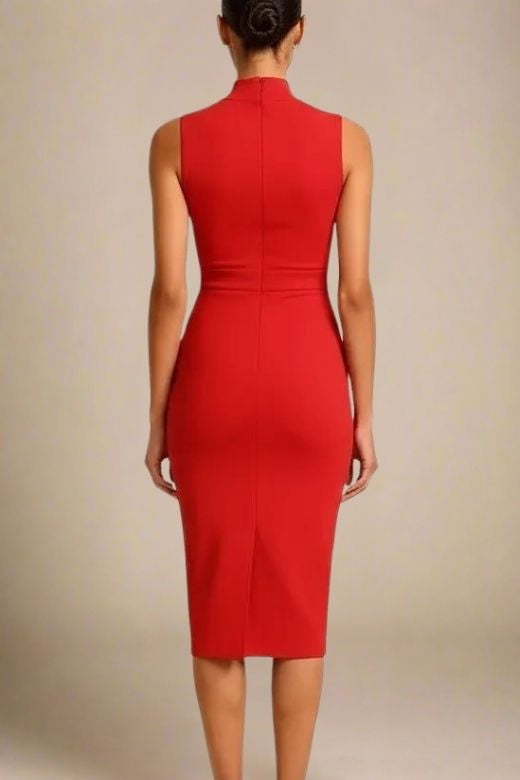 Lipstick Red Mock Neck Sleeveless Waist Seam Bodycon Midi Dress 2