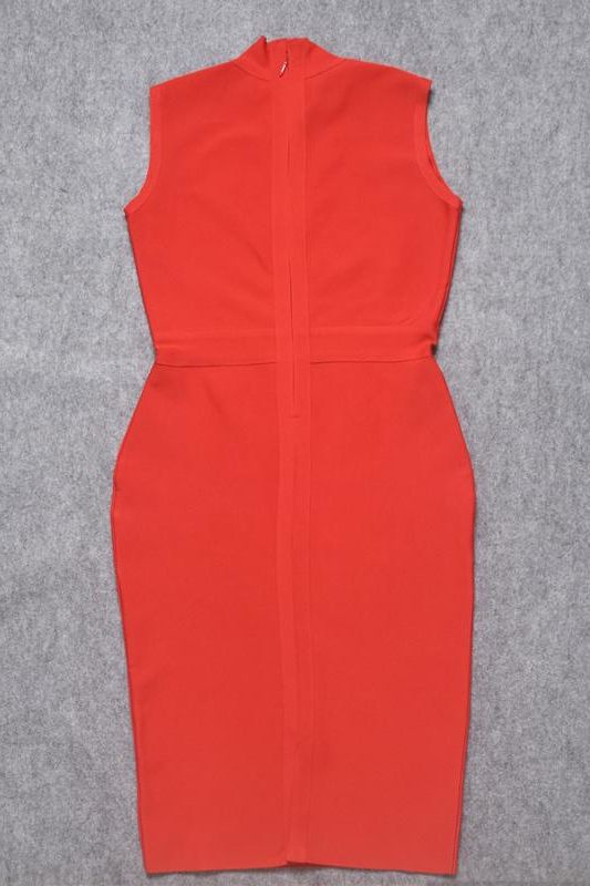 Lipstick Red Mock Neck Sleeveless Waist Seam Bodycon Midi Dress 14
