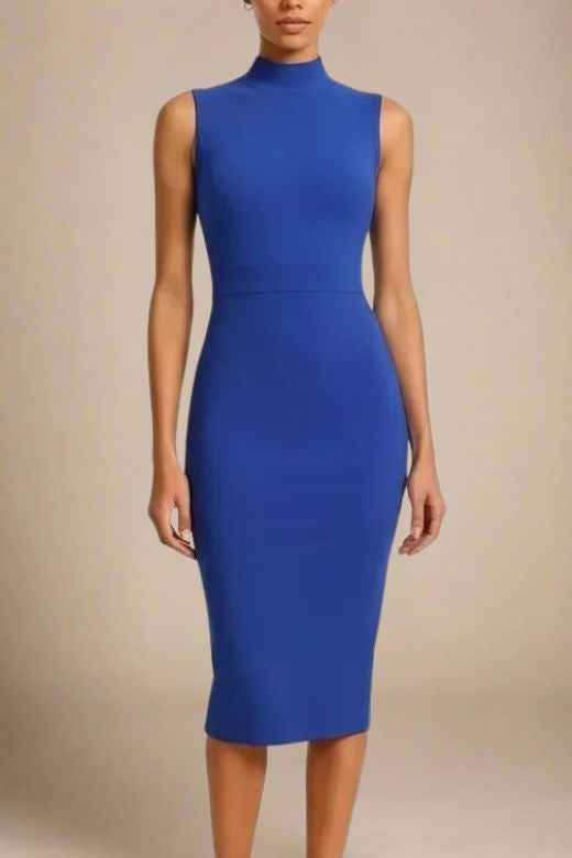 Navy Blue Mock Neck Sleeveless Waist Seam Bodycon Midi Dress