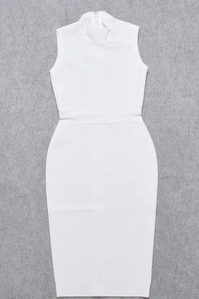Pearl White Mock Neck Sleeveless Waist Seam Bodycon Midi Dress 13
