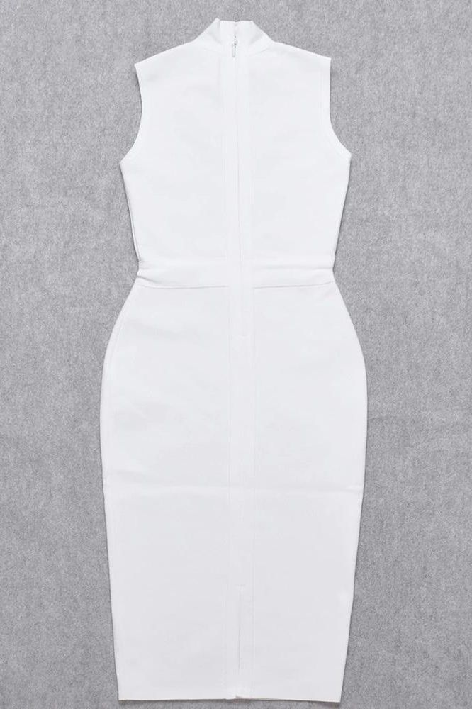 Pearl White Mock Neck Sleeveless Waist Seam Bodycon Midi Dress 14