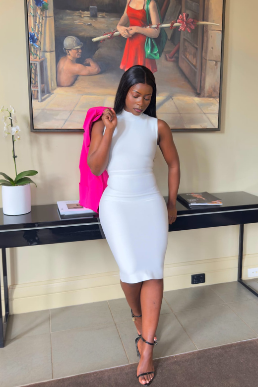 Pearl White Mock Neck Sleeveless Waist Seam Bodycon Midi Dress 12