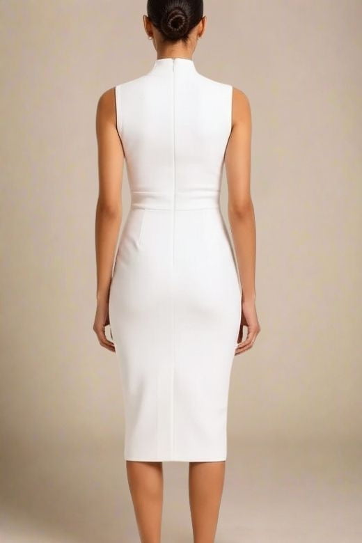 Pearl White Mock Neck Sleeveless Waist Seam Bodycon Midi Dress 2