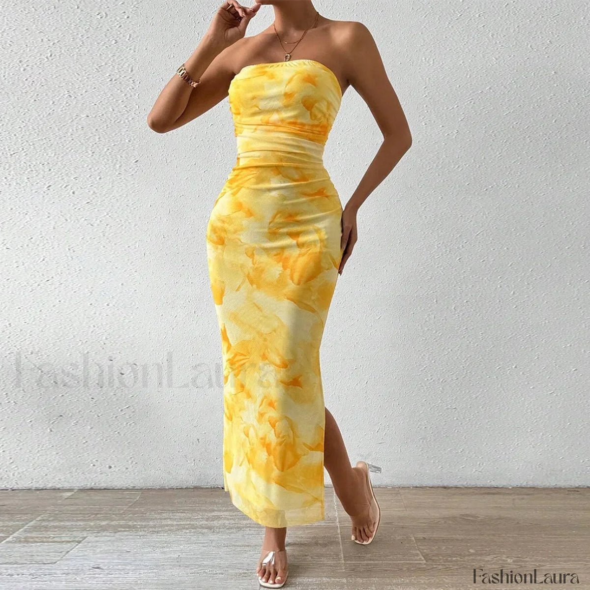 Yellow Graphic Off Shoulder Midi Dress 16