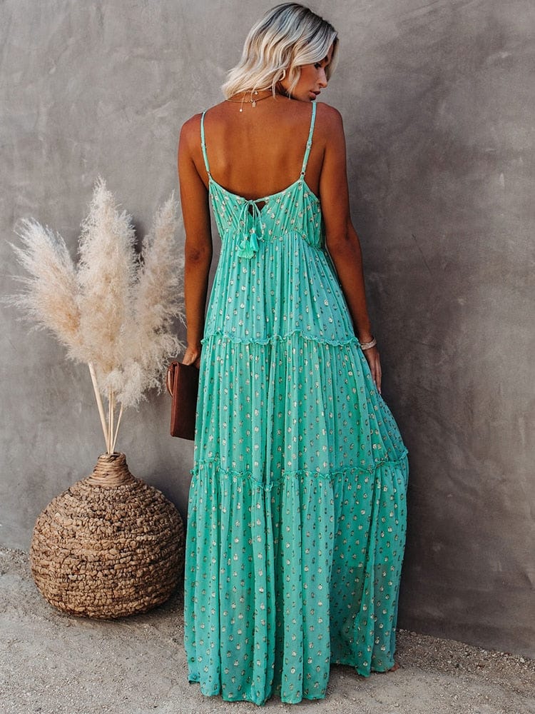 V Neck Spaghetti Strap Metallic Dot Tiered Maxi Dress 2