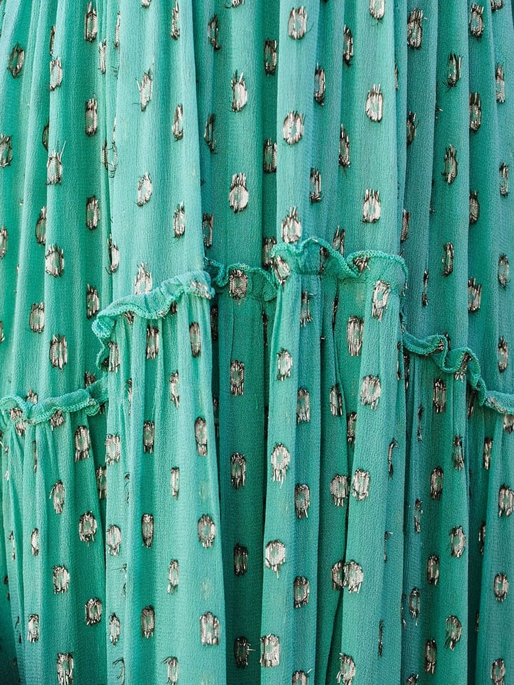V Neck Spaghetti Strap Metallic Dot Tiered Maxi Dress 5