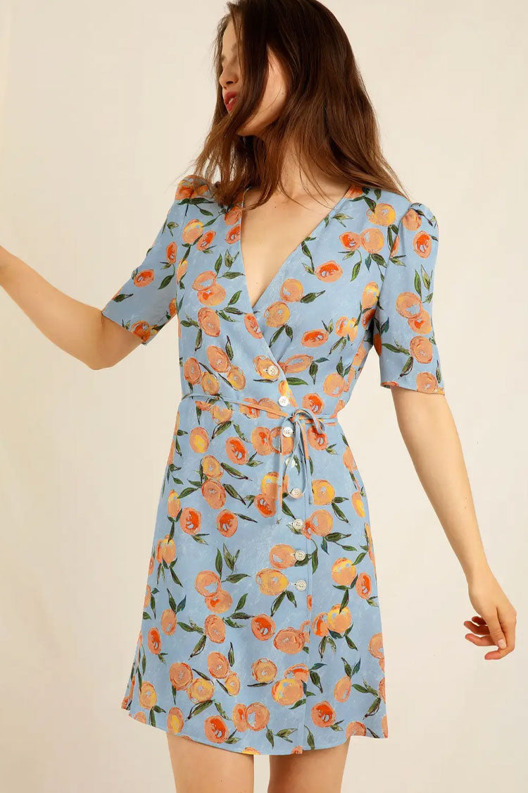 Print Wrap Puff Sleeve Tie Waist Mini Dress 3