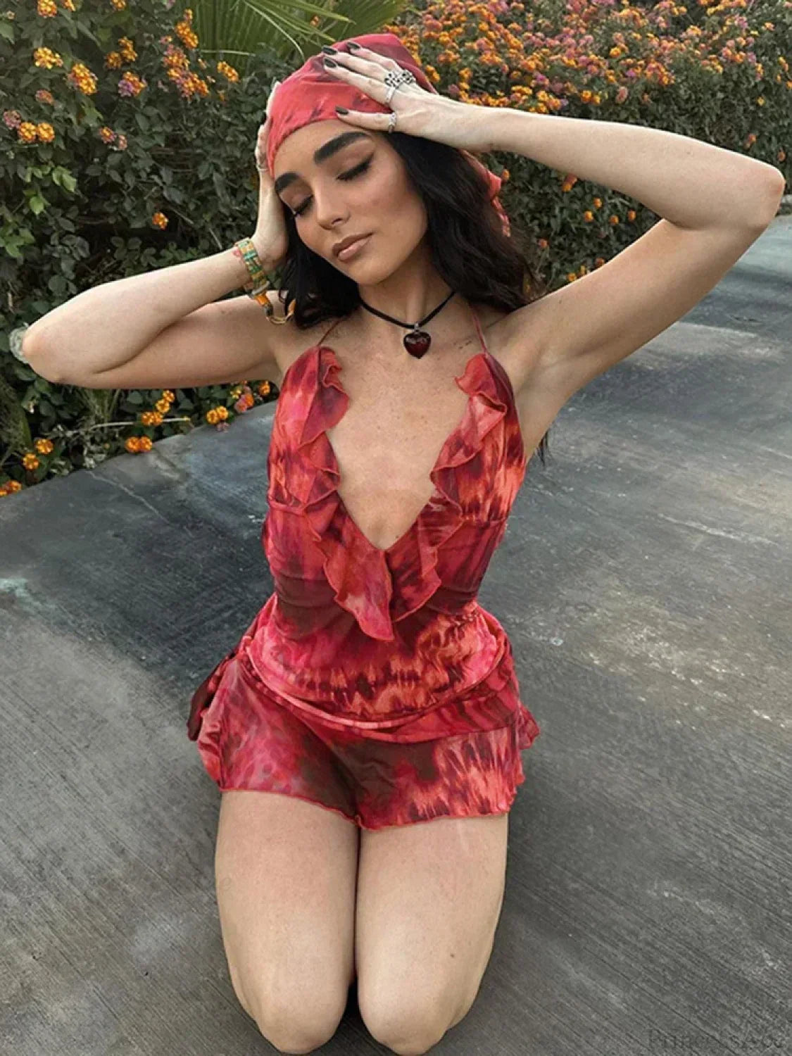 Halter Plunging V Neck Ruffle Hem Abstract Print Mini Dress 4
