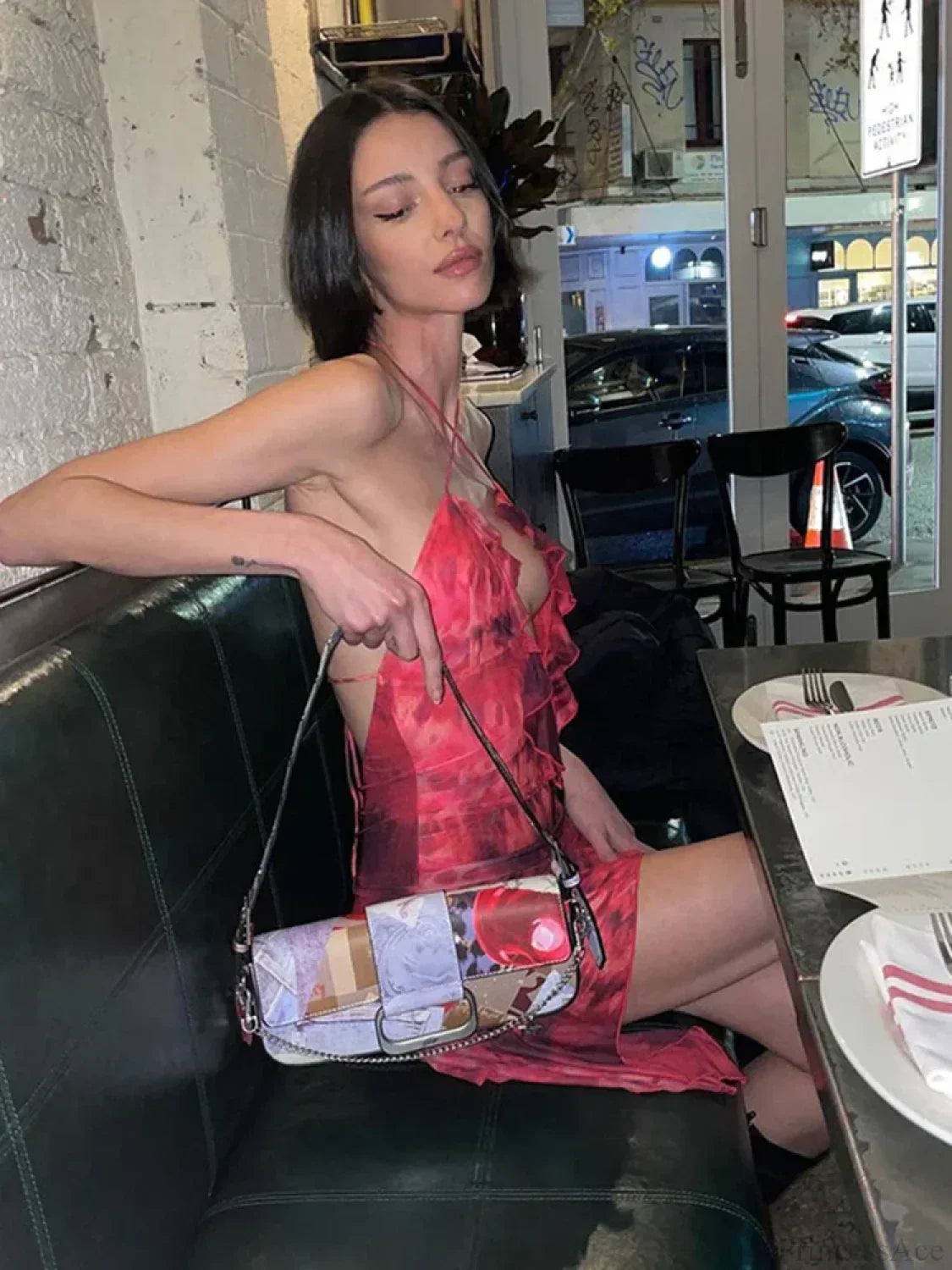 Halter Plunging V Neck Ruffle Hem Abstract Print Mini Dress 6