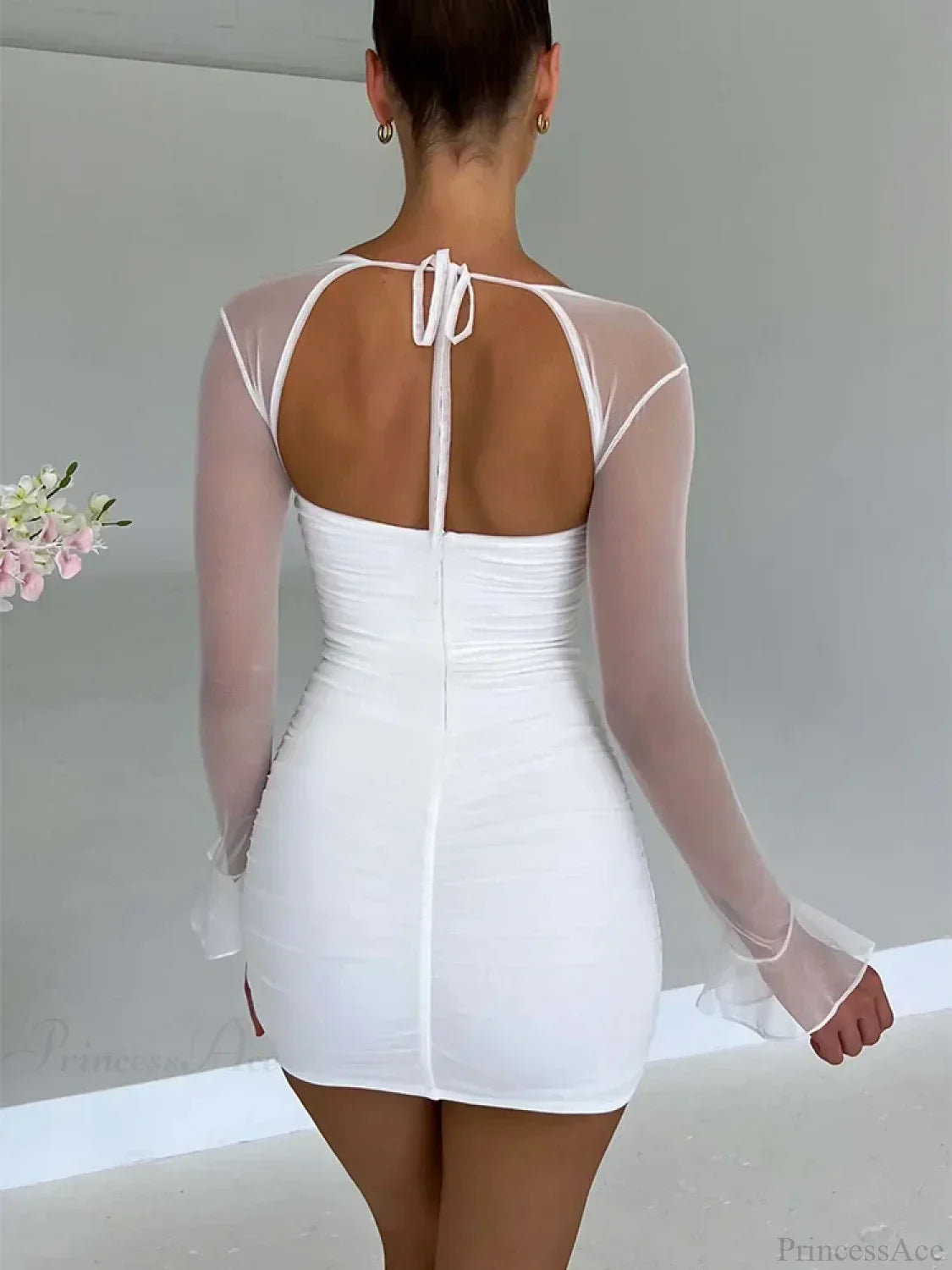 Halter Lace Up Back Cutout Ruched Mesh Bell Sleeve Mini Dress 4