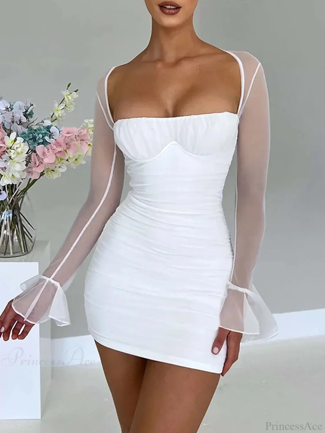 Halter Lace Up Back Cutout Ruched Mesh Bell Sleeve Mini Dress 5