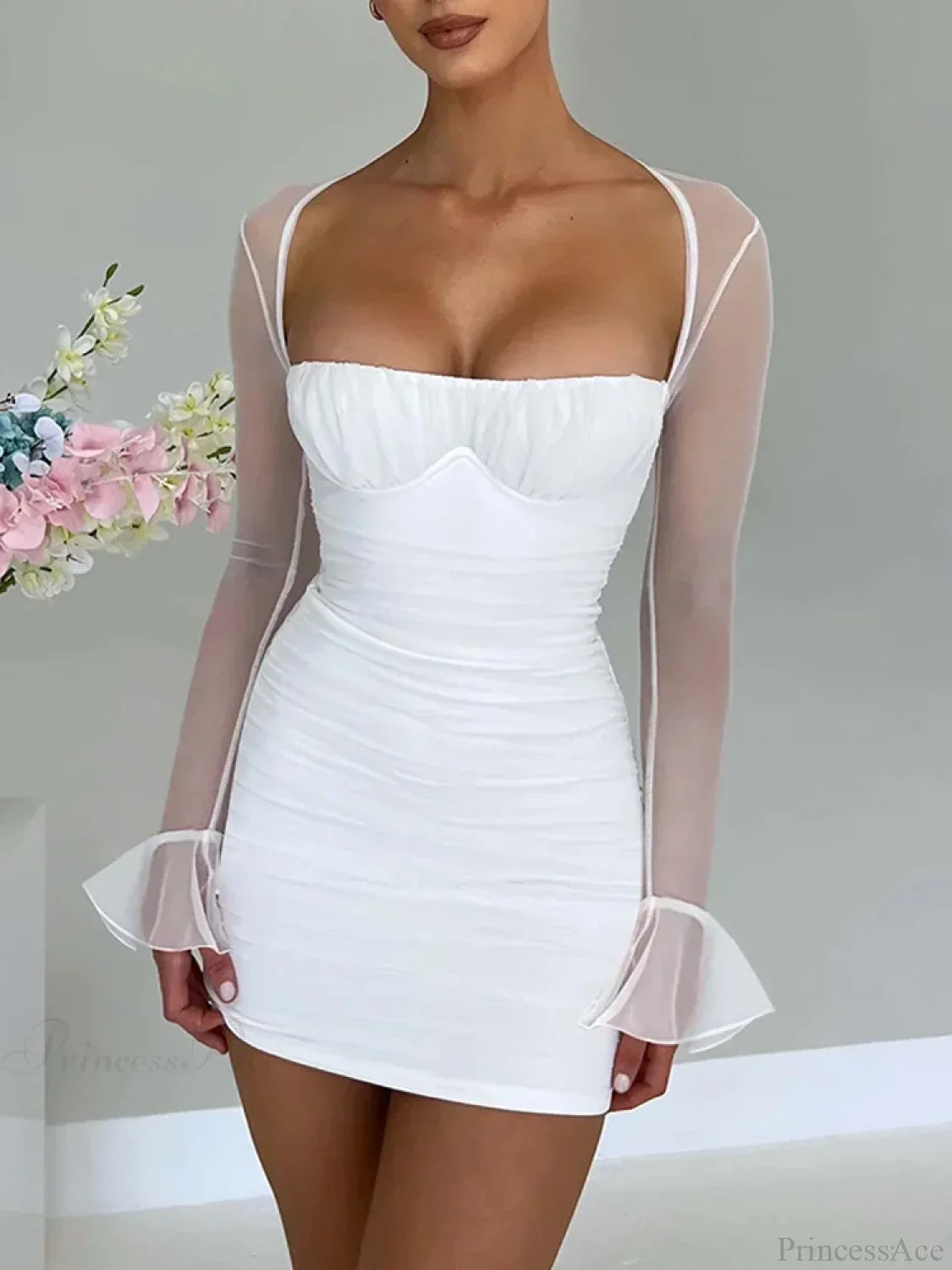 Halter Lace Up Back Cutout Ruched Mesh Bell Sleeve Mini Dress 7