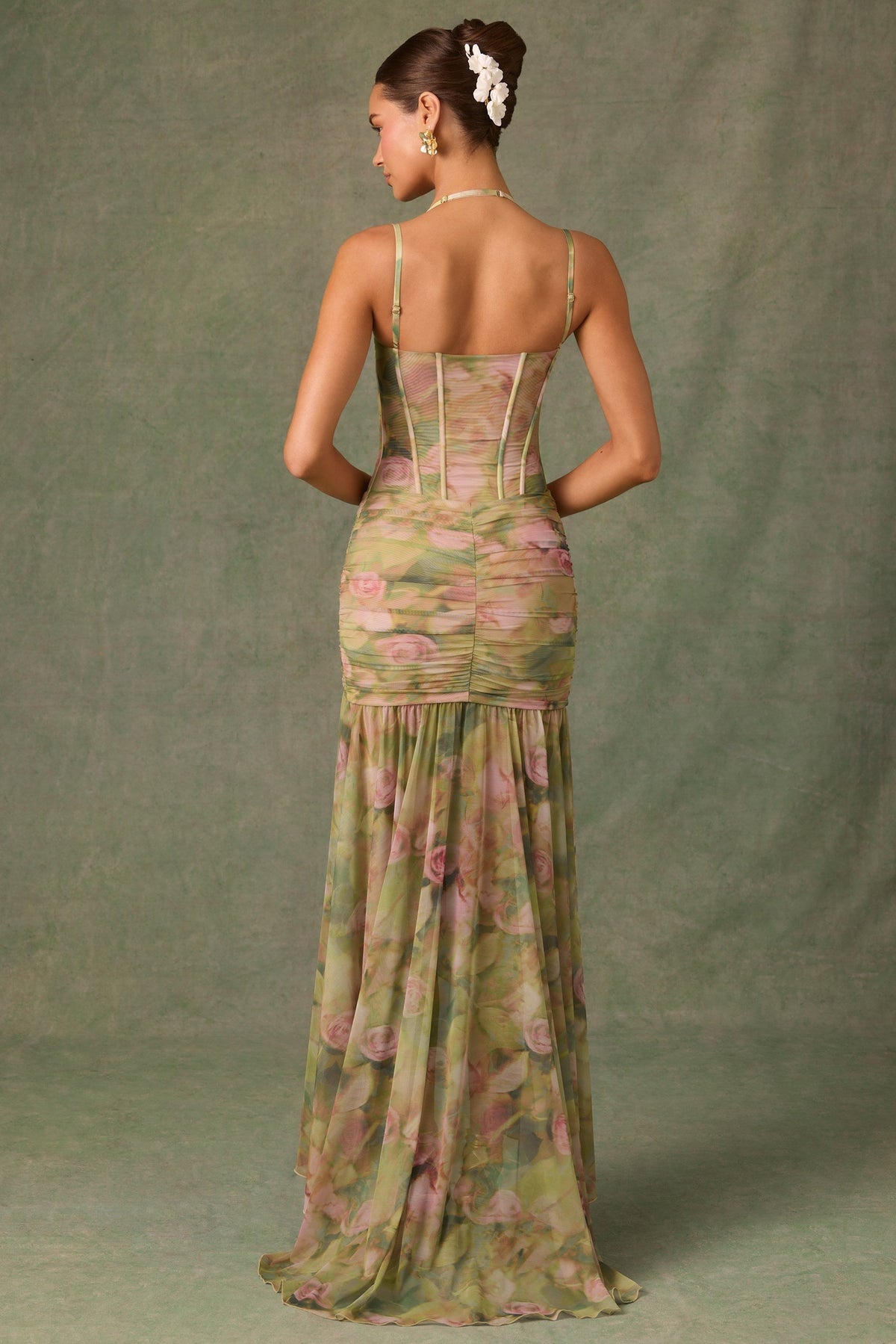 Sweetheart Corset Boned Floral Mesh Ruched Slit Maxi Gown 3