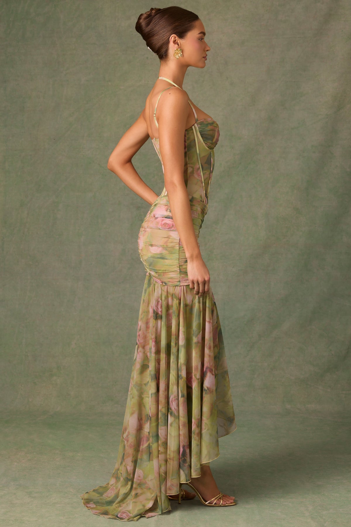 Sweetheart Corset Boned Floral Mesh Ruched Slit Maxi Gown 2
